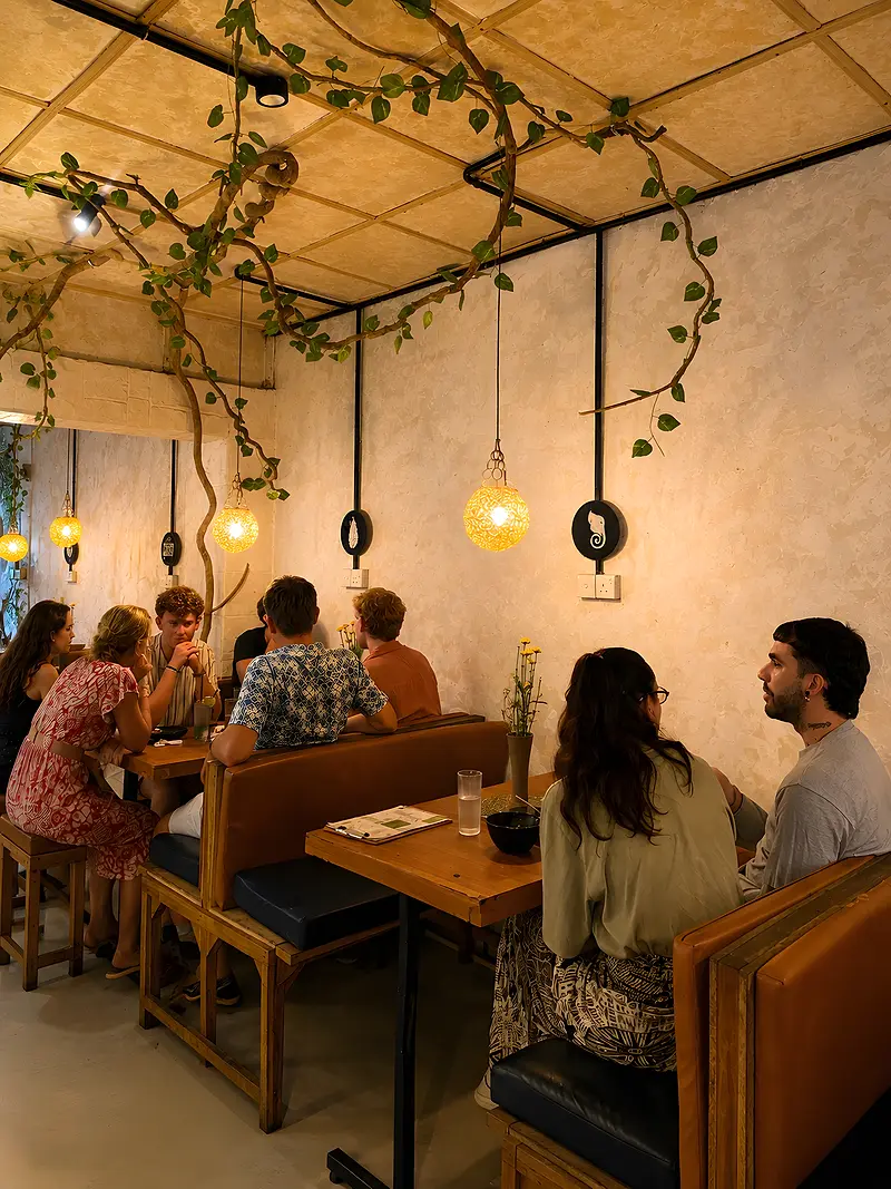 Diners at wooden booths under trailing vines and glowing pendant lamps inside June Bistro, Kandy